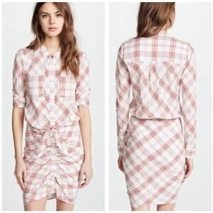Veronica Beard Della Plaid Ruched Dress White Pink Tie Front Shirt Dress Size 4